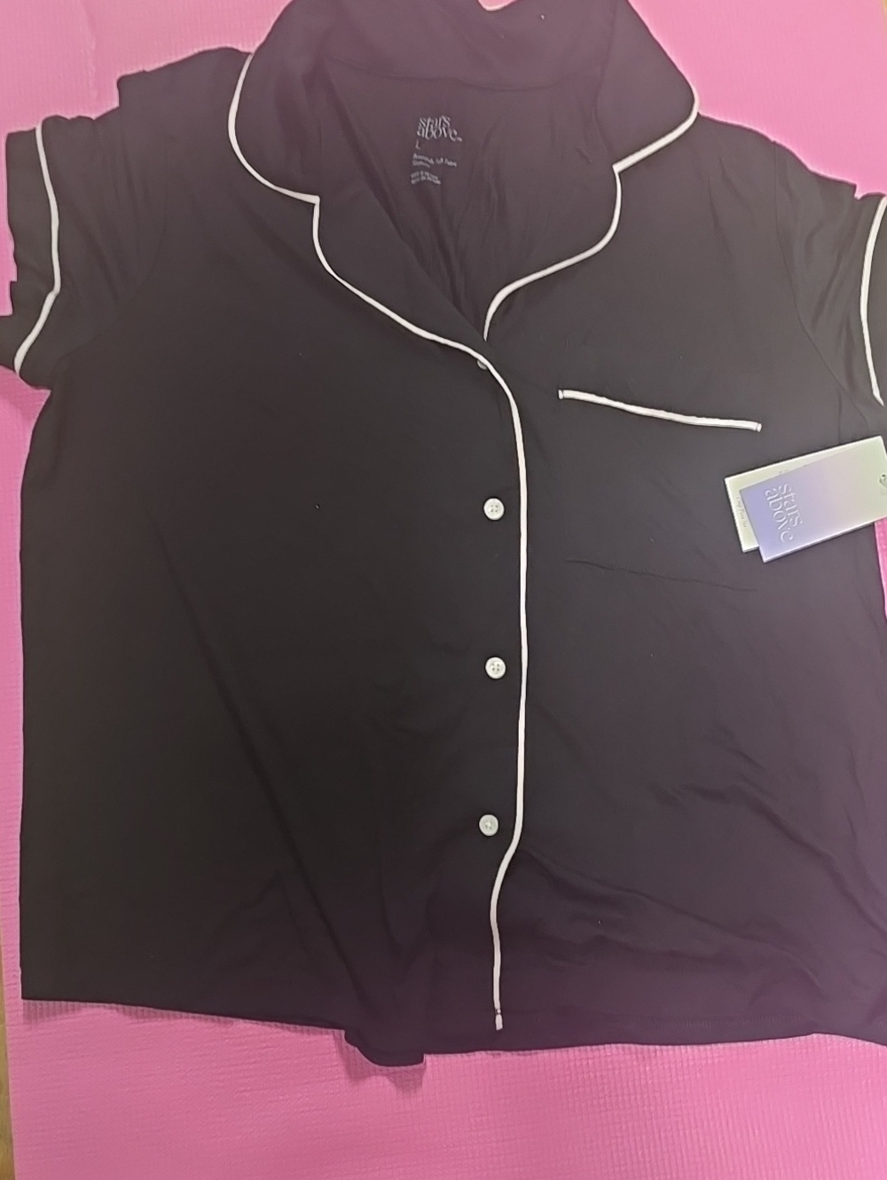 stars above Black Button-Down Top Only with Light Pink Piping